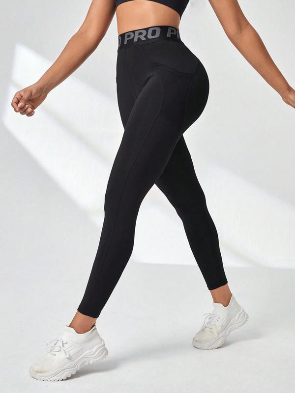 Women's Letter Tape High Waist Sports Leggings, Sporty Comfy Breathable Skinny Tummy Control Pants for Yoga Gym Workout Running, Ladies Sportswear for All Seasons