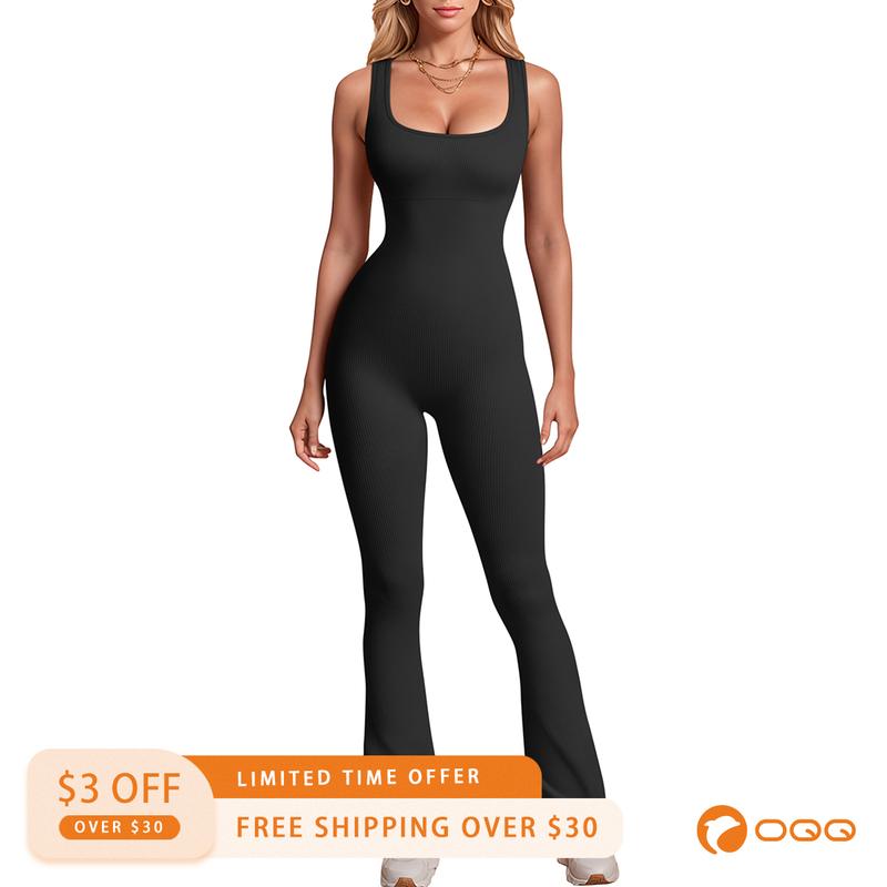 OQQ-Nine cents Women‘s Yoga Ribbed Workout Sleeveless Tank Tops Bell Bottoms Flare Jumpsuits Breathable Comfortable