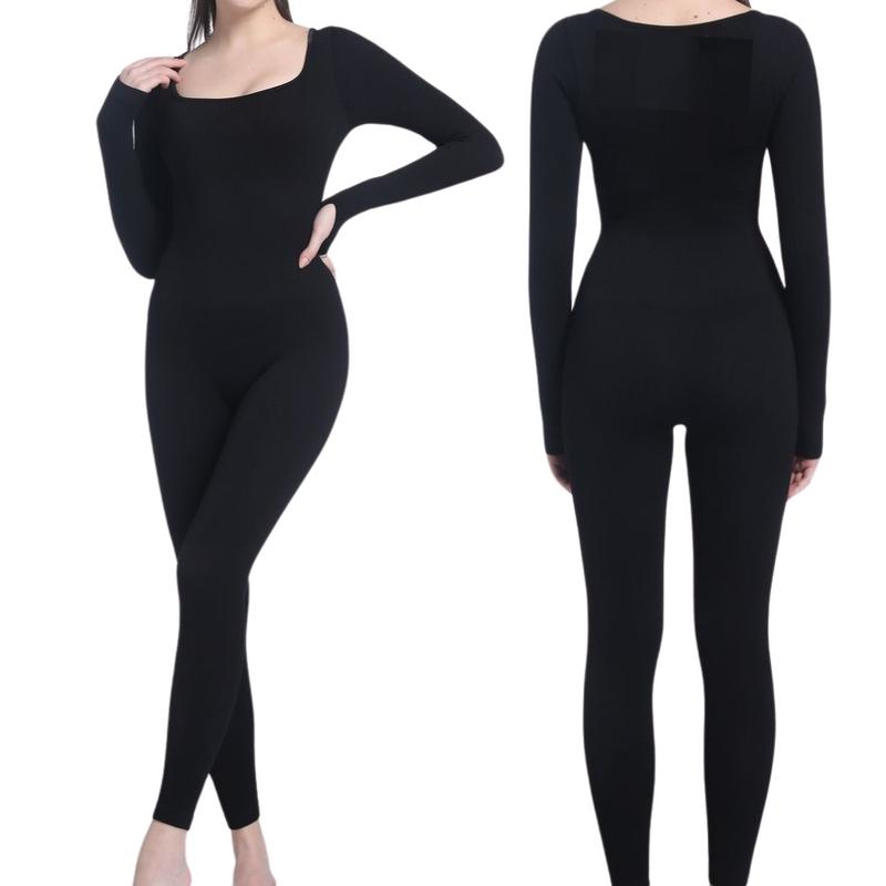 LIVE ONLY  Snatch You Up Jumpsuit  with Tummy Control Square Neck Long Sleeve Ribbed Shapewear one piece  Workout Yoga