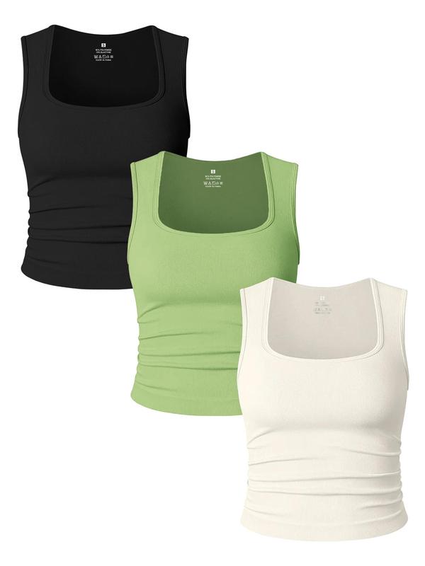 Women's Solid Ruched Square Neck Sports Vest, Sporty Sleeveless Tank Top for Yoga Gym Workout, Running Vest, Ladies Sportswear Clothes for All Seasons