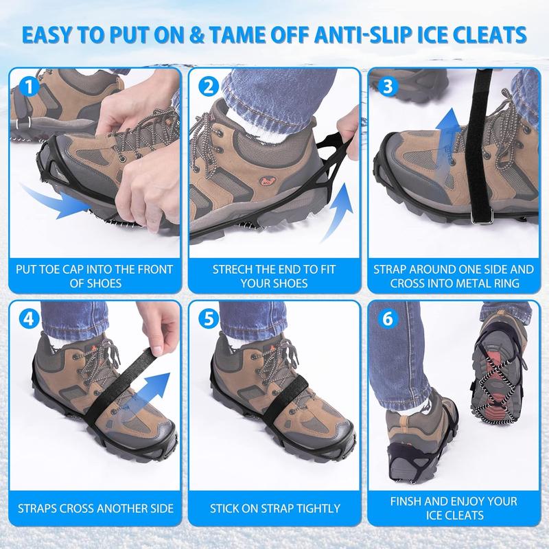 Ice Cleats for Walking on Ice Snow Grips Crampons Traction for Shoes Boots, Anti-Slip Portable Flexible Footwear for Walking Climbing Hiking Fishing Outdoor Running with 2 Adjustable Straps