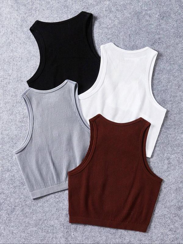 Women's Solid Round Neck Sports Vest, Minimalist Sleeveless Crop Tank Top for Yoga Gym Workout Running, Ladies Sportswear Clothing for All Seasons