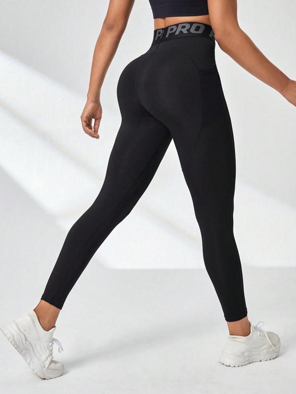 Women's Letter Tape High Waist Sports Leggings, Sporty Comfy Breathable Skinny Tummy Control Pants for Yoga Gym Workout Running, Ladies Sportswear for All Seasons