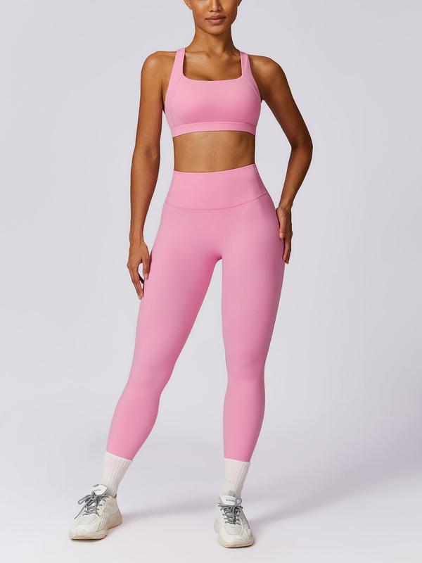 Two-piece Set Women's Solid Criss Cross Padded Sports Bra & High Waist Leggings Tracksuit Set, Sporty Breathable Quick Drying Outfits for Yoga Gym Workout Running, Ladies Sportswear for All Seasons