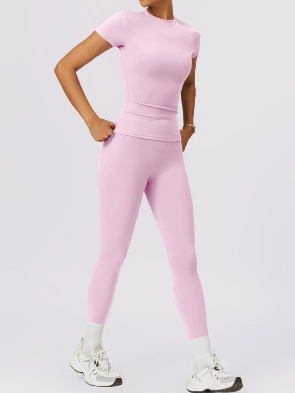 2 4 Counts Women's Solid Round Neck Tee & High Waist Leggings Tracksuit Set, Sporty Comfy T-shirt & Skinny Pants for Yoga Gym Workout, Ladies Summer Back To School Sportswear, Women's Tracksuits, Fall Clothes Downtown Girl Outfit