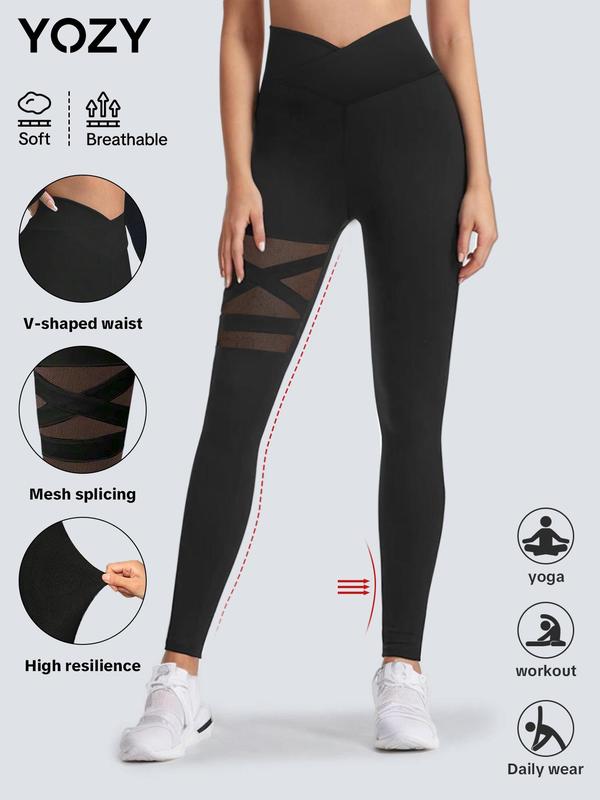 YOZY Women's Contrast Mesh Leggings, Solid Color Skinny Pants, High Stretch Yoga Leggings, Ladies Sportswear for Indoor Outdoor Wear