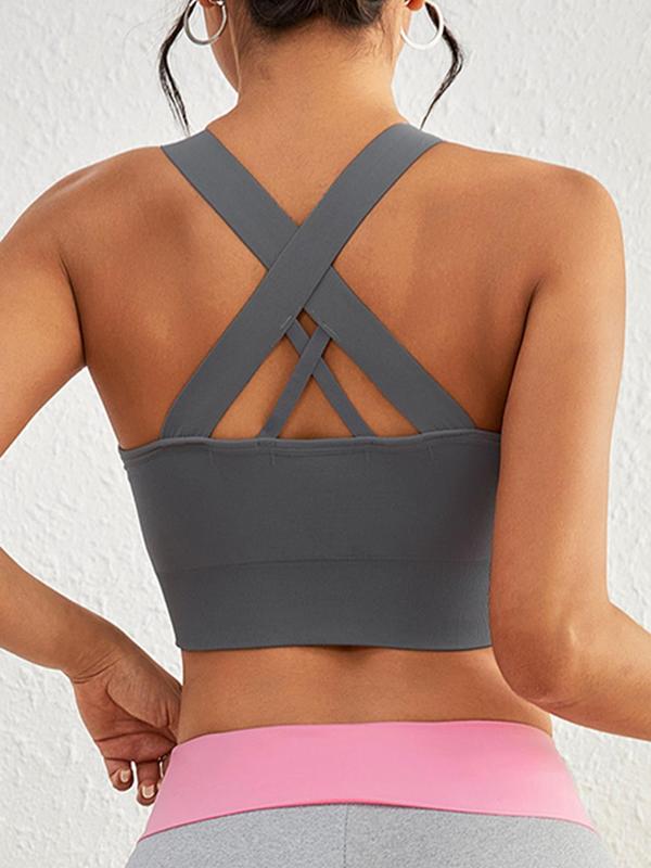 Women's Solid Color Criss Cross Backless Sports Vest, Casual Breathable Scoop Neck Crop Tank Top, Running Vest, Ladies Sportswear Clothing for Yoga Gym Workout, Fall Outfits, Fallfreshness