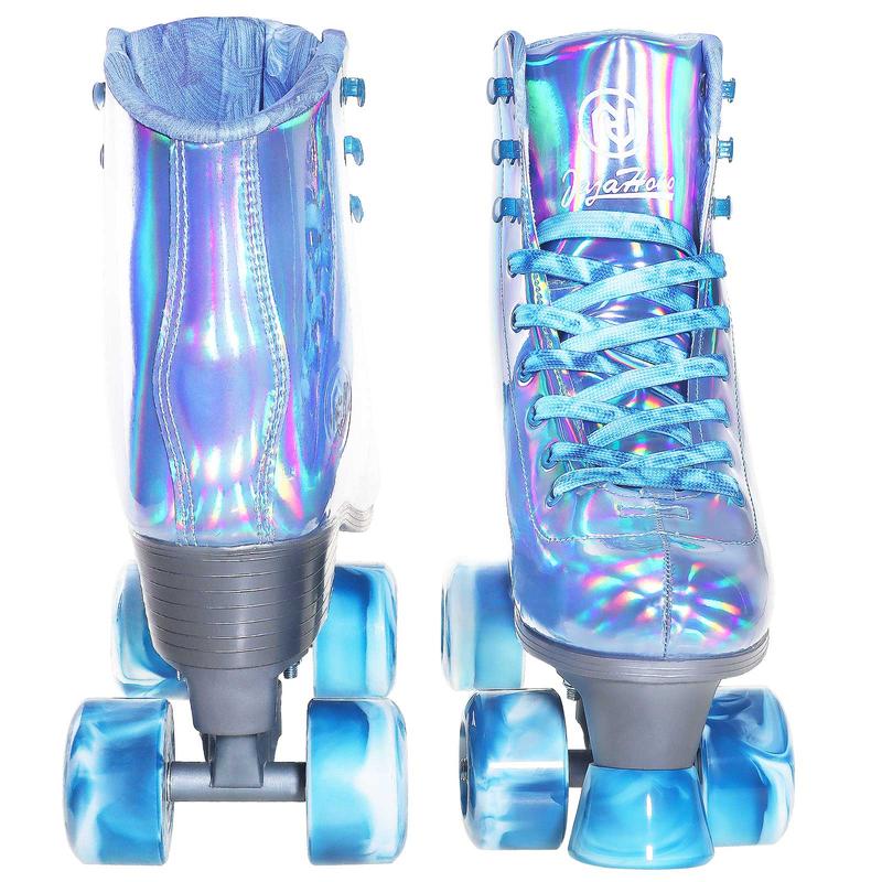 JajaHoho Roller Skates for Women, Very Peri Blue Holographic High Top Faux Leather Rollerskates, Shiny Double-Row Four Wheels Quad Skates for Girls and Age 8-51 Indoor Outdoor (Blue)