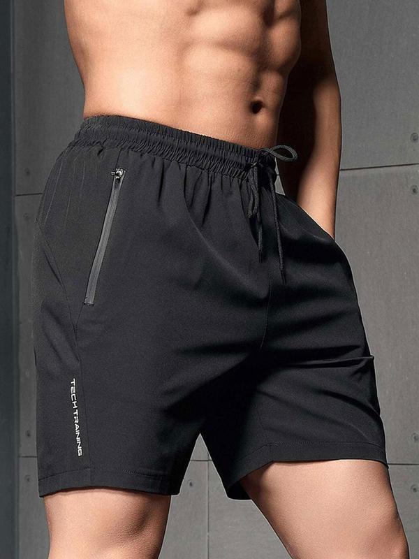 Men's Letter Print Drawstring Waist Sports Shorts, Casual Loose Zipper Pocket Shorts for Summer, Breathable Quick Drying Shorts for Gym Workout Running