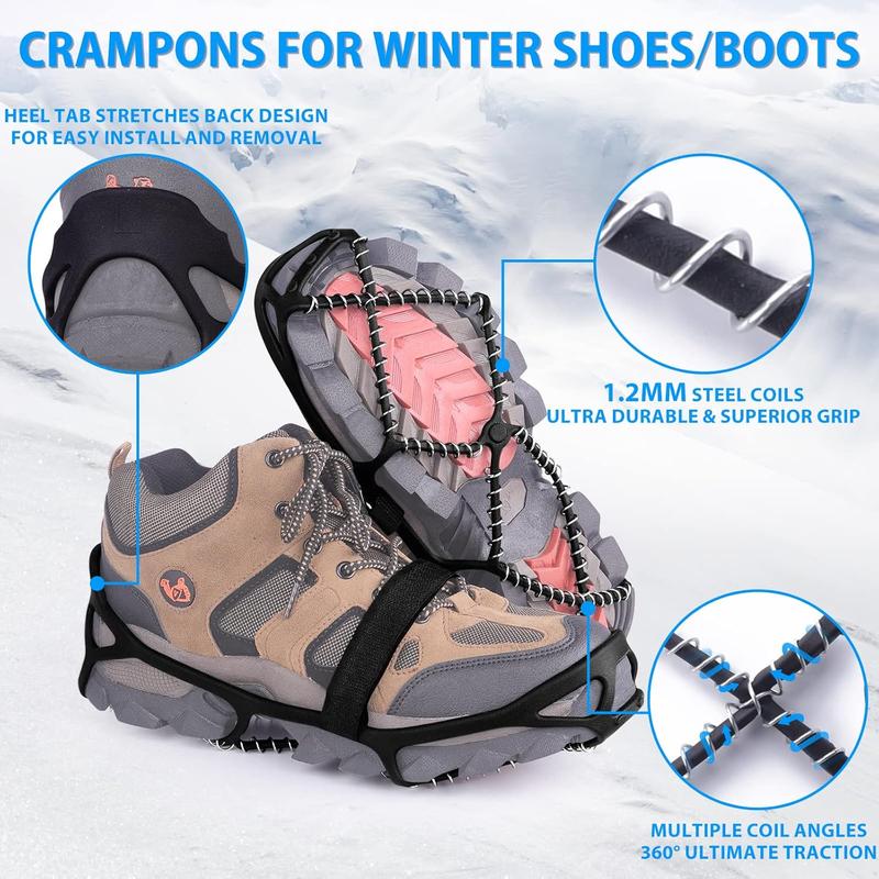 Ice Cleats for Walking on Ice Snow Grips Crampons Traction for Shoes Boots, Anti-Slip Portable Flexible Footwear for Walking Climbing Hiking Fishing Outdoor Running with 2 Adjustable Straps