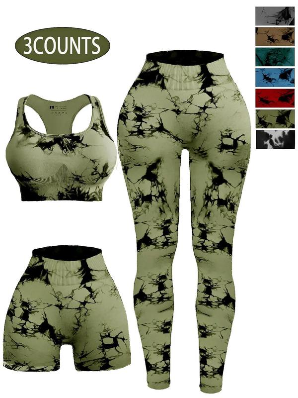 Three-Piece Set Women's Tie Dye Print Ruched Sports Bra & High Waist Leggings & Skinny Shorts Tracksuit Set, Sleeveless Straps Top & High Stretch Yoga Pants & Shorts, Back To School Sports Outfits, Ladies Sportswear for Workout Fall Outfits