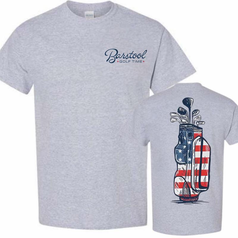 Barstool Golf Time T-Shirt, Patriotic Golf Bag Design for Golf Enthusiasts, Premium White Tee with American Flag Golf Bag Print, Perfect for Golfers and Casual Wear, Comfortable and Durable Unisex Apparel