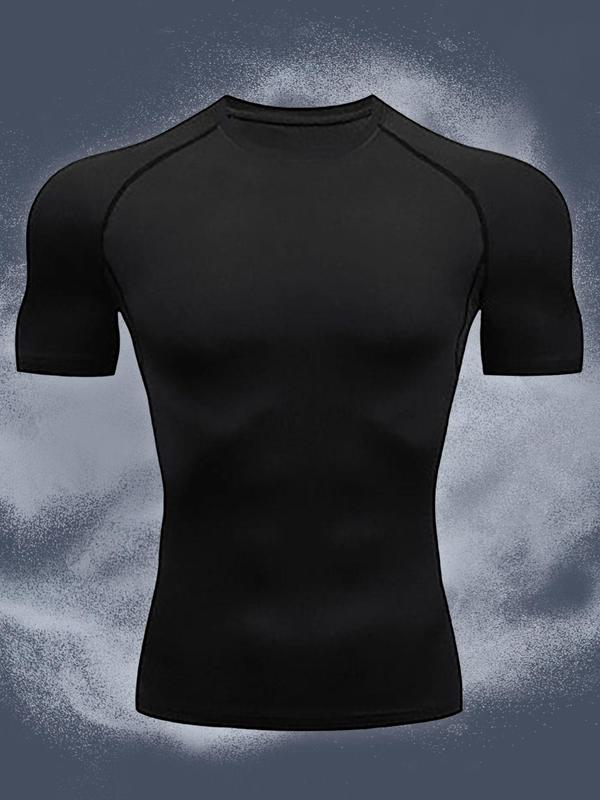 Men's Plain Crew Neck Compression Tee, Tight Sporty Quick Drying Breathable Short Sleeve T-shirt,  Gym Tops, Men's Summer Sportswear for Gym Workout Running