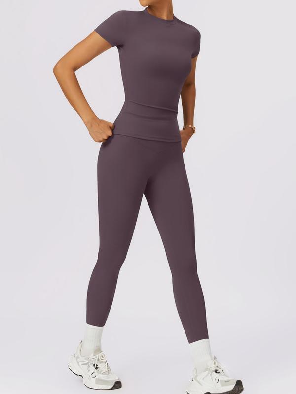 2 4 Counts Women's Solid Round Neck Tee & High Waist Leggings Tracksuit Set, Sporty Comfy T-shirt & Skinny Pants for Yoga Gym Workout, Ladies Summer Back To School Sportswear, Women's Tracksuits, Fall Clothes Downtown Girl Outfit