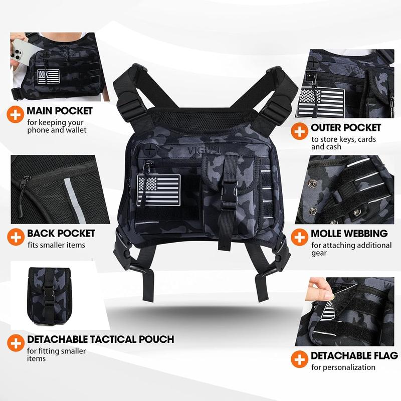 Sports Chest Bag for Men – Running Vest with Detachable Molle Pouch, Chest Pack for Men with Extra Storage, Chest Rig Bag for Running, Hiking, and Workouts (Black)