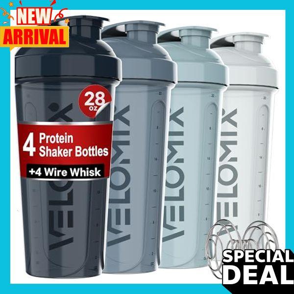 -4 PACK- 28 oz Shaker Cups for Protein Shakes - 4x Wire Whisk | Leak Proof Protein Shaker Bottles for Protein Mixes | Protein Shaker Bottle Pack | Mixer for Protein Shakes