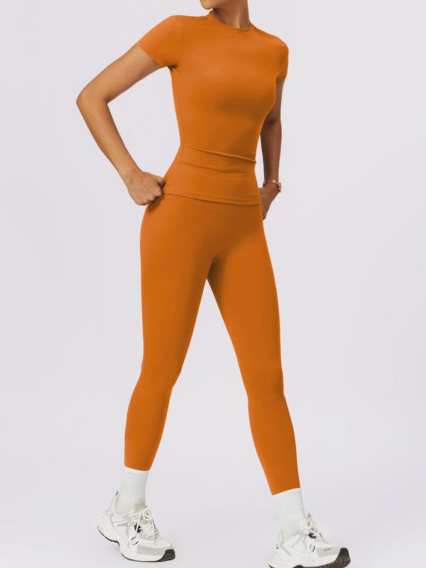 2 4 Counts Women's Solid Round Neck Tee & High Waist Leggings Tracksuit Set, Sporty Comfy T-shirt & Skinny Pants for Yoga Gym Workout, Ladies Summer Back To School Sportswear, Women's Tracksuits, Fall Clothes Downtown Girl Outfit