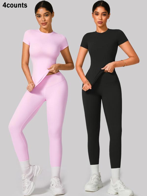 2 4 Counts Women's Solid Round Neck Tee & High Waist Leggings Tracksuit Set, Sporty Comfy T-shirt & Skinny Pants for Yoga Gym Workout, Ladies Summer Back To School Sportswear, Women's Tracksuits, Fall Clothes Downtown Girl Outfit