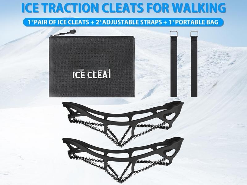 Ice Cleats for Walking on Ice Snow Grips Crampons Traction for Shoes Boots, Anti-Slip Portable Flexible Footwear for Walking Climbing Hiking Fishing Outdoor Running with 2 Adjustable Straps