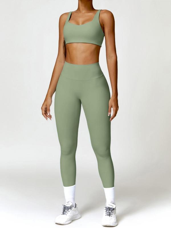 Two-piece Set Women's Solid Color Crop Cami Top & High Waist Ruched Leggings Tracksuit Set, Sporty Breathable Comfy Outfits for Yoga Gym Workout Running, Gym Clothing, Ladies Sportswear for All Seasons, Fall Outfits