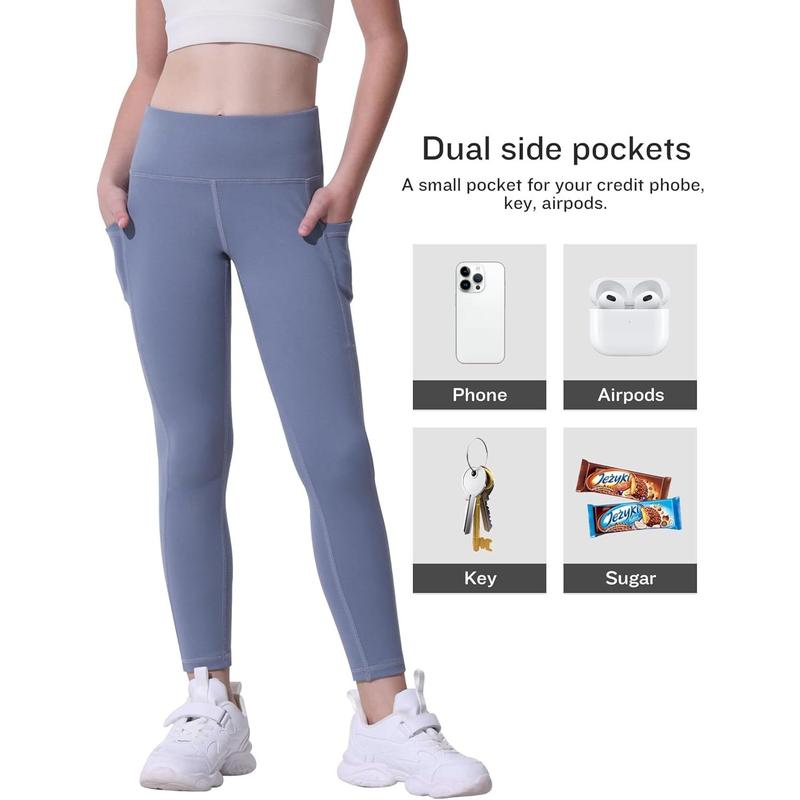 (Skin-friendly athletic pants)Girls' Athletic Leggings with Pockets, 5 Packs Kids Teen Dance Yoga Workout Running Pants for 5-15 Years