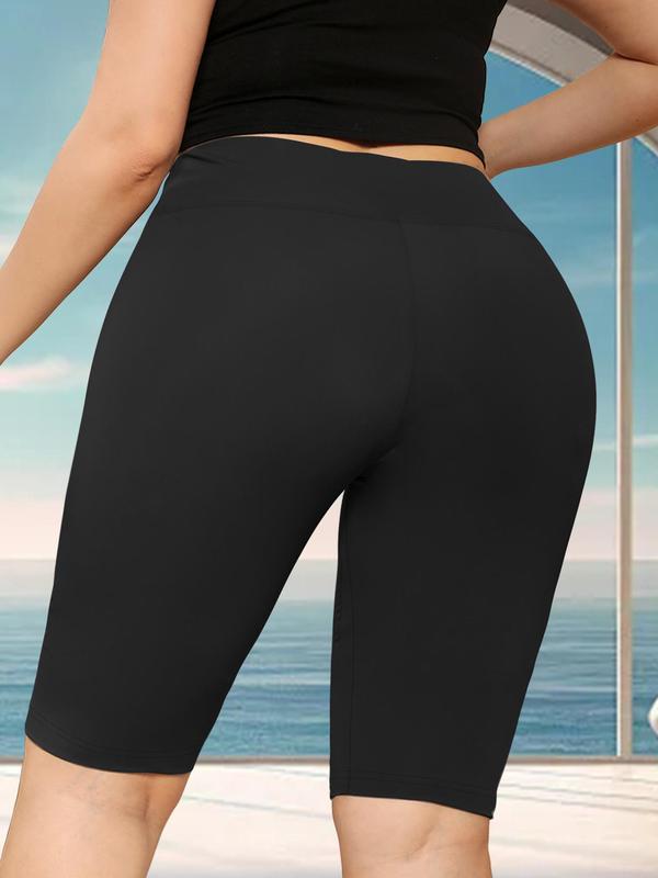 Plus Size Solid High Waist Knee Length Sports Leggings, Sporty Breathable Comfortable Skinny Shorts, Ladies Sportswear Bottoms for Yoga Gym Fitness, Tummy Control