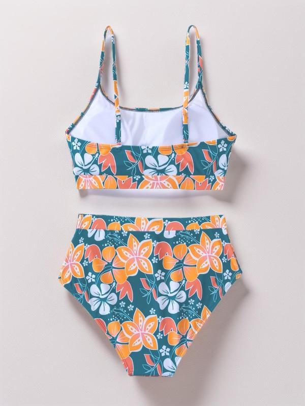 Two-Piece Set Women's Floral Print Swimsuit Sets, Summer Clothes Women, Bathing Suits, Casual Adjustable Strap Swim Top & High Waist Swim Bottoms for Women, Women's Summer Tummy Control Swimwear for Summer Beach Holiday, Bikini Sets