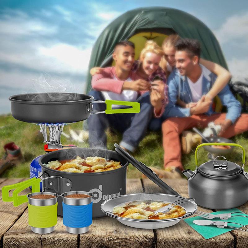 Outdoor Camping Cookware Set, 15pcs set Lightweight Cookware, Including Cooking Pot, Kettle, Stainless Steel Cup, Plate, Fork, Knife, Spoon and Storage Bag