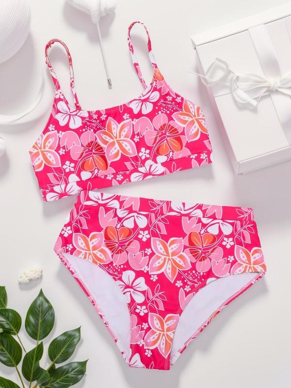 Two-Piece Set Women's Floral Print Swimsuit Sets, Summer Clothes Women, Bathing Suits, Casual Adjustable Strap Swim Top & High Waist Swim Bottoms for Women, Women's Summer Tummy Control Swimwear for Summer Beach Holiday, Bikini Sets