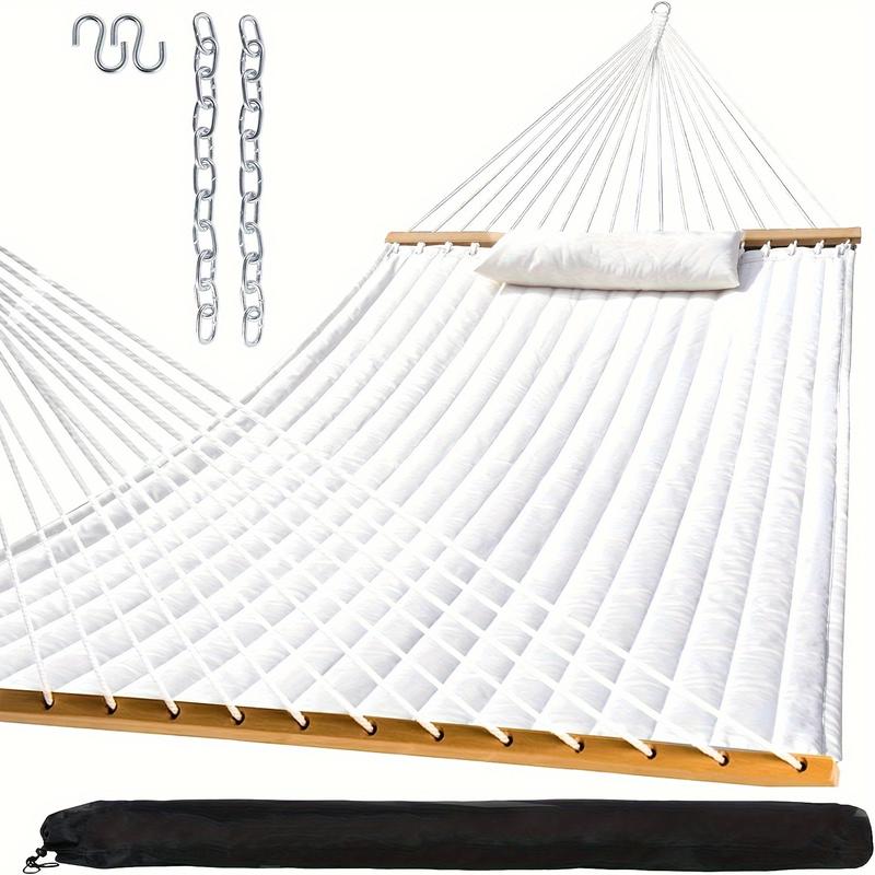 SZHLUX Outdoor Quilted Fabric Hammock With Spreader Bars And Detachable Pillow And Chains, Outdoor Patio Backyard Poolside, 450 LBS Weight Capacity, Catalina Beach