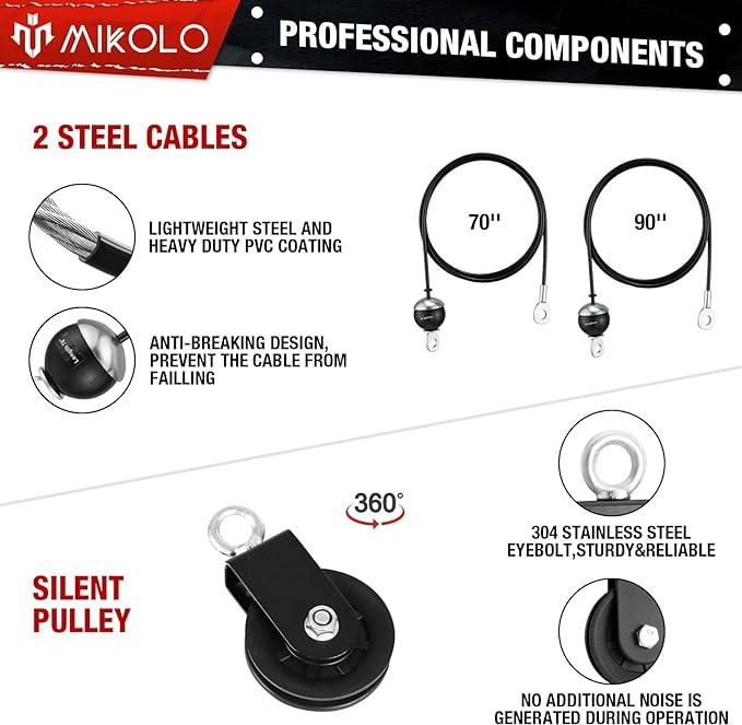 Mikolo Dual Cable Machine LAT and Lift Pulley System with Upgraded Loading Pin for Triceps, Biceps, Back, Forearm, Shoulder – Home Gym Equipment