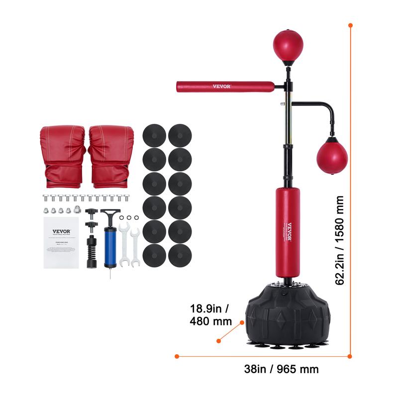 VEVOR Boxing Speed Trainer, Punching Bag with Stand, Reflex Boxing Bag for Teens & Adults, Height Adjustable Free Standing Strike Bag Set with Gloves, Workout Speed Bag for Home Gym Training, Red