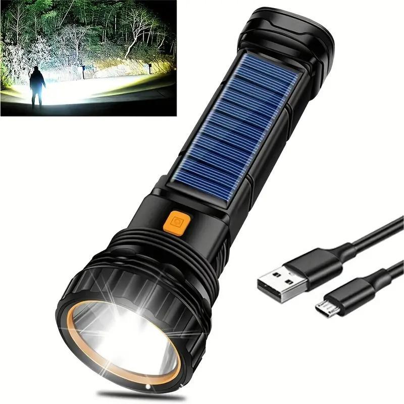 LED Solar Flashlight, USB Rechargeable Waterproof Outdoor Flashlight, Camping Accessories, Outdoor Essential Items, Camping Gear