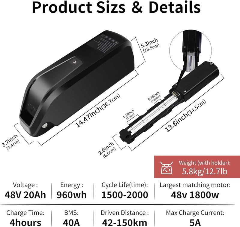 UAZ  48V 20Ah Electric Bicycle for Adults with 54.6V 5A Fast Charger and 40A BMS, 5 Pin Baseplate E-Bike Scooter Lithium Battery for 0-1800w Motor