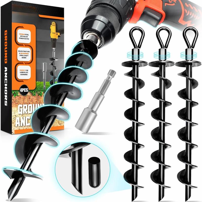 [Premium] 4 Pack Ground Anchors with Power Nut Driver Drill Bit, Ground Anchors Screw in, Swing Set Anchors, Trampoline Anchors High Wind Heavy Duty for Camping Tents,  Ports, Swing Sets, Canopies