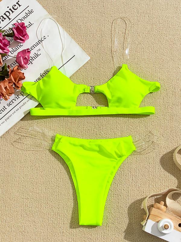 Two-piece Set Women's Solid Color Transparent Straps Cut Out Bikinis Set, Casual Fashion Bikini Top & Swim Thong Swimsuit Set, Chic Swimwear for Beach Holiday Vacation, Ladies Summer Clothes