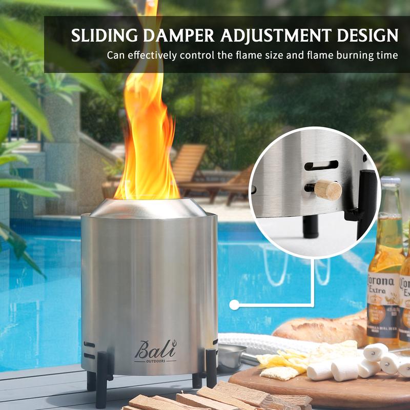 BALI OUTDOORS Smokeless Fire Pit, 6.5-Inch Turbo Flame Tabletop Fire Pit, Stainless Steel, Adjustable Flame,  with Stand and Stove Rack, Carry Bag