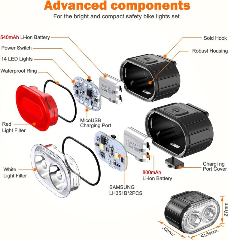 USB Rechargeable LED Bike Light Set - Front & Rear Lights For Mountain & Road Bikes, Super Bright With Spotlights And Floodlights