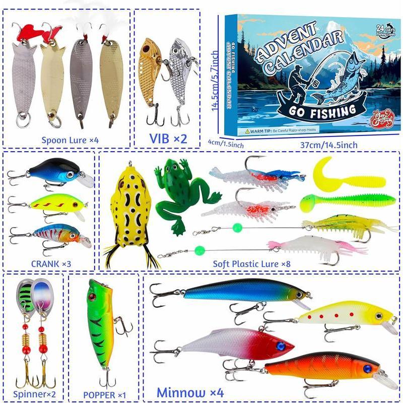 Advent Calendar - 24 Days Christmas Countdown Fish Tackle Set - 2024 Fishing Lure for Man Adult Teen, Xmas Surprise Fish Bait Gift for Father Grandpa Brother Boyfriend