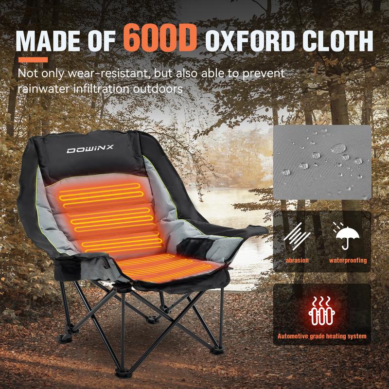 Dowinx Oversized Extra Large Heating Camping Chair for Adults, Lawn Chairs, Folding, Adjustable Padded Camping Chair, Heavy-Duty 600D Oxford Cloth, with Cup Holder, 300 Pound Capacity