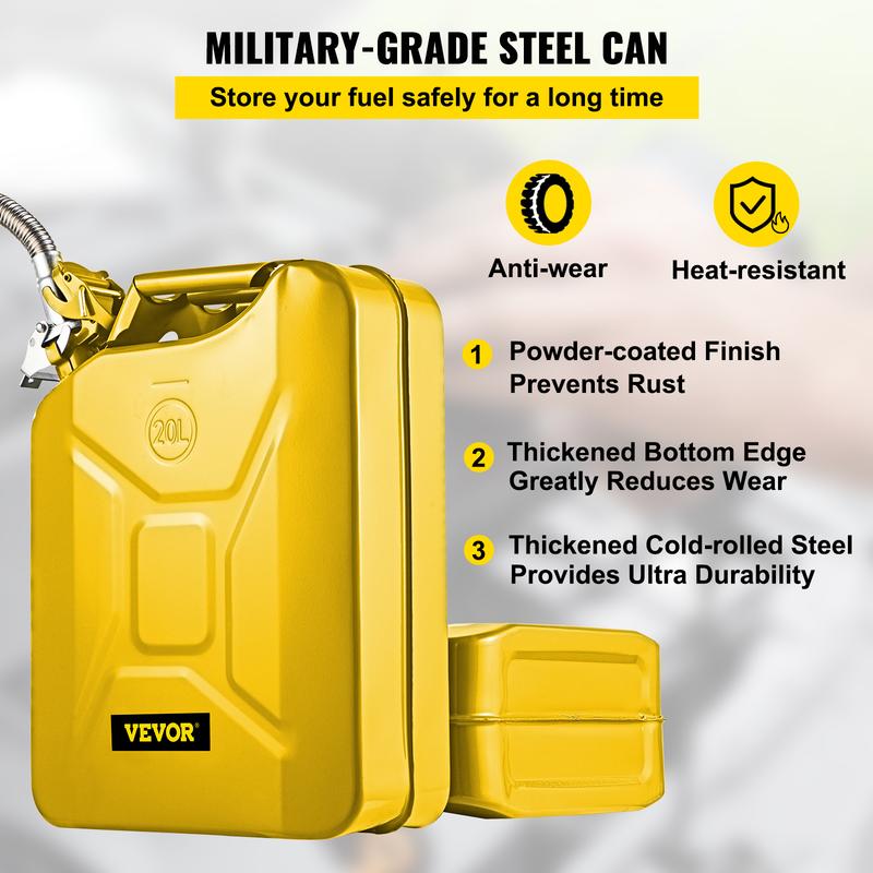 VEVOR Jerry Fuel Can, 5.3 Gallon   20 L Portable Jerry Gas Can with Flexible Spout System, Rustproof ＆ Heat-resistant Steel Fuel Tank for Cars Trucks Equipment, Yellow