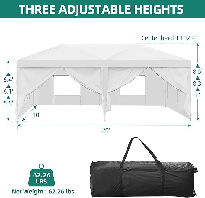 YITAHOME 10x20 Pop Up Canopy with 6 Removable Sidewall Heavy Duty Tent, Easy Up Portable Canopy Tents for All Season Wind Gazebo with Roller Bag for Camping Wedding Patio Parties Beach Commerce, White