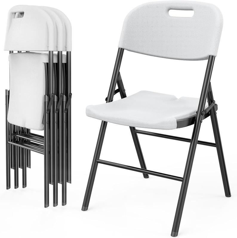 VINGLI Folding Chairs, Heavy Duty Foldable Chair Portable HDPE Plastic Seat with Steel Frame for Indoor Outdoor Dinning Party Wedding School Use, White, 4 Pack