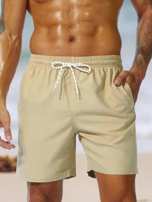 Men Swim Trunks, Men's Solid Drawstring Waist Beach Shorts, Gym Shorts, Regular Fit Casual Pocket Swim Shorts for Summer, Men's Swimwear for Beach Vacation