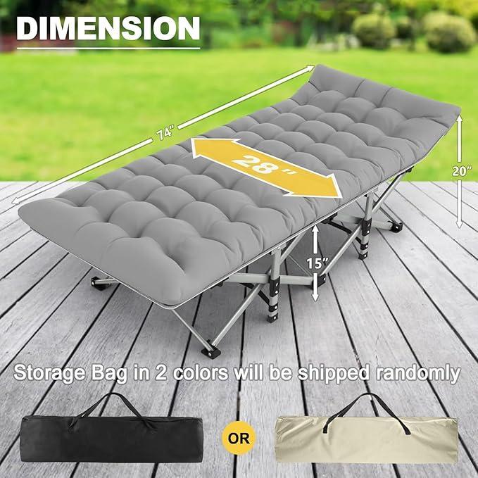 Folding Camping Cot with Mattress for Adults & Kids, Heavy Duty Double Layer Polyester Sleeping Cot with Storage Bag, 800 lbs Max Load Capacity, Gray Pad