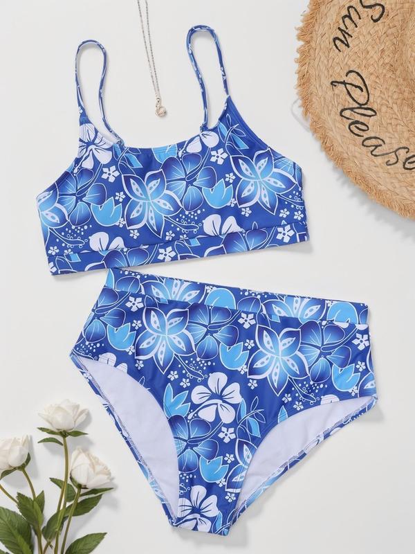 Two-Piece Set Women's Floral Print Swimsuit Sets, Summer Clothes Women, Bathing Suits, Casual Adjustable Strap Swim Top & High Waist Swim Bottoms for Women, Women's Summer Tummy Control Swimwear for Summer Beach Holiday, Bikini Sets