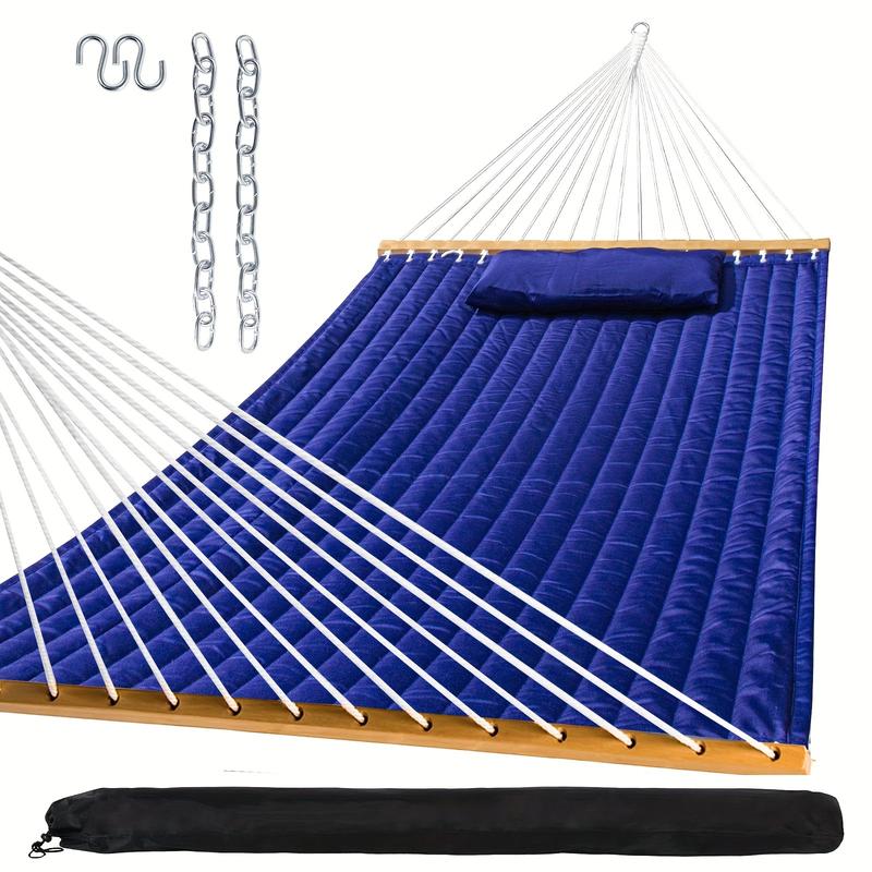 SZHLUX Outdoor Quilted Fabric Hammock With Spreader Bars And Detachable Pillow And Chains, Outdoor Patio Backyard Poolside, 450 LBS Weight Capacity, Catalina Beach