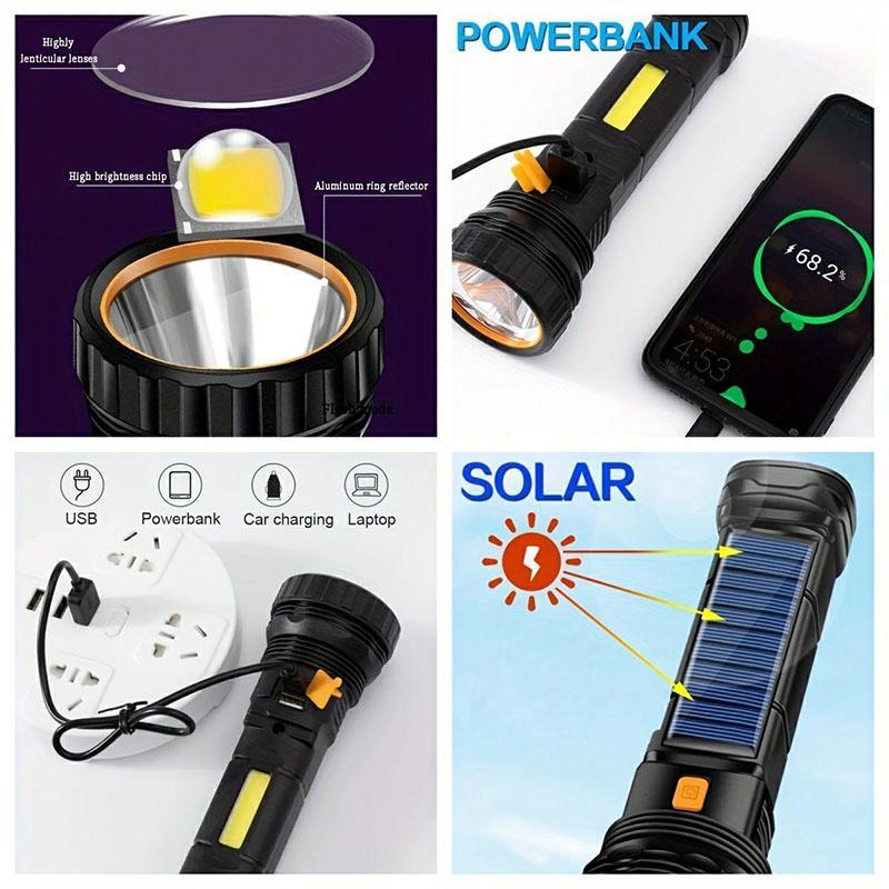 LED Solar Flashlight, USB Rechargeable Waterproof Outdoor Flashlight, Camping Accessories, Outdoor Essential Items, Camping Gear