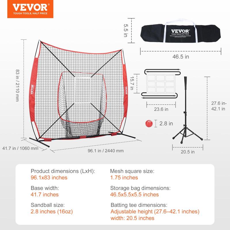 VEVOR 7x7 ft Baseball Softball Practice Net, Portable Baseball Training Net for Hitting Batting Catching Pitching, Backstop Baseball Equipment with Bow Frame, Carry Bag, Strike Zone, Ball, Batting Tee