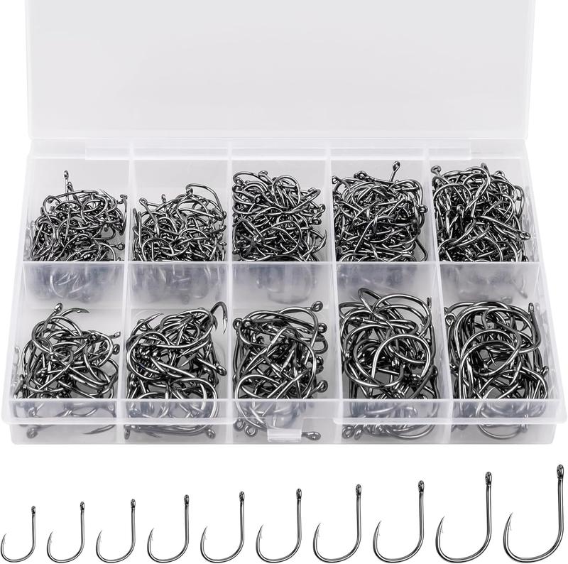 500 count 100PCS  Premium Fishing Hooks, 10 Sizes 4 Sizes Carbon Steel Fishing Hooks W Portable Plastic Box, Strong  Fish Hook with Barbs for Freshwater Seawater